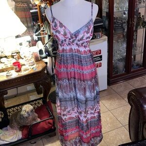 She's Cool Maxi Dress Womens Small Purple Pink Paisley Cotton Boho Smocked